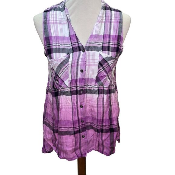 Rock & Republic Purple Checkered Split Back Sleeveless Button Front 100% Rayon B - Picture 4 of 14